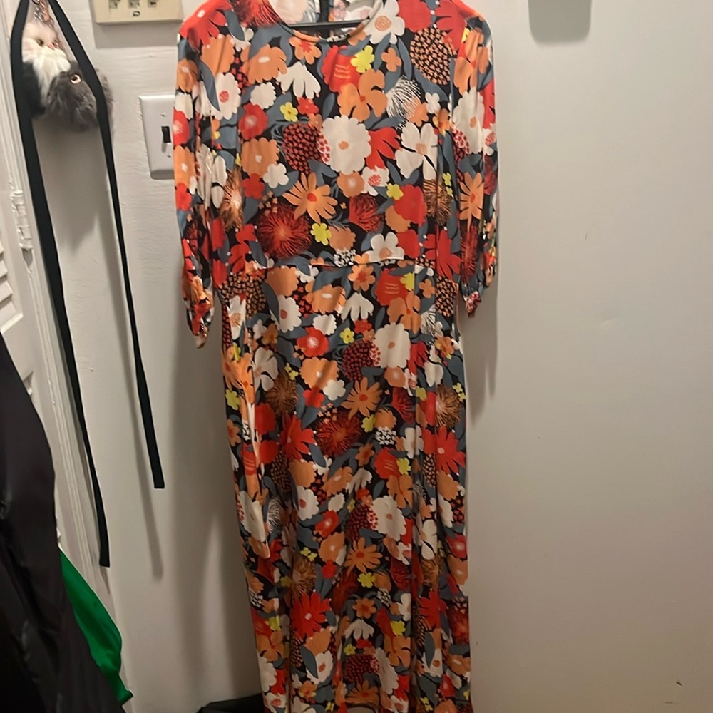 Marimekko Floral Maxi Dress in Orange, Red, White and Navy